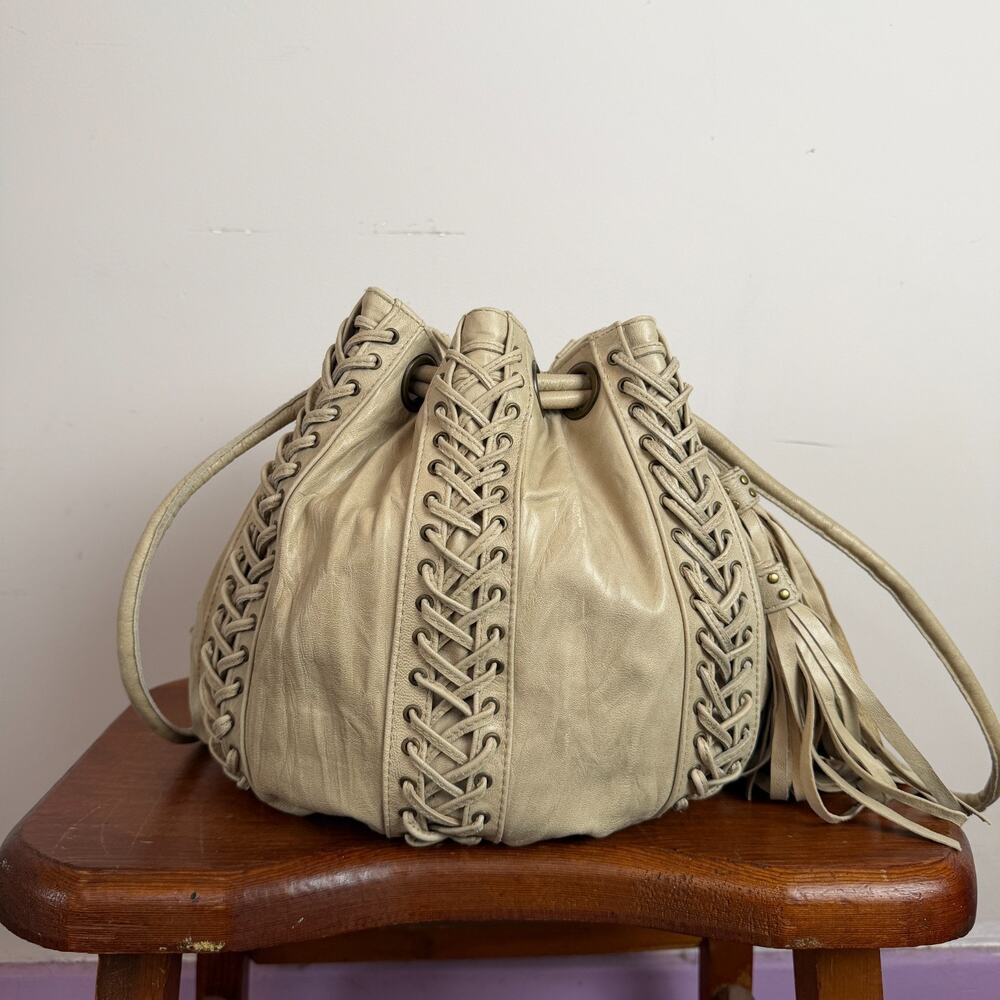 Cleobella Ivory Leather Fringe Cinch Hobo Bag Grommet Corset Lace Boho Tassel